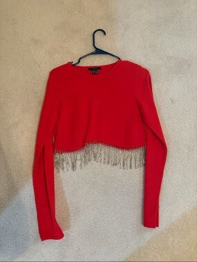 Forever 21 Red Cropped Sweater with Silver Fringe